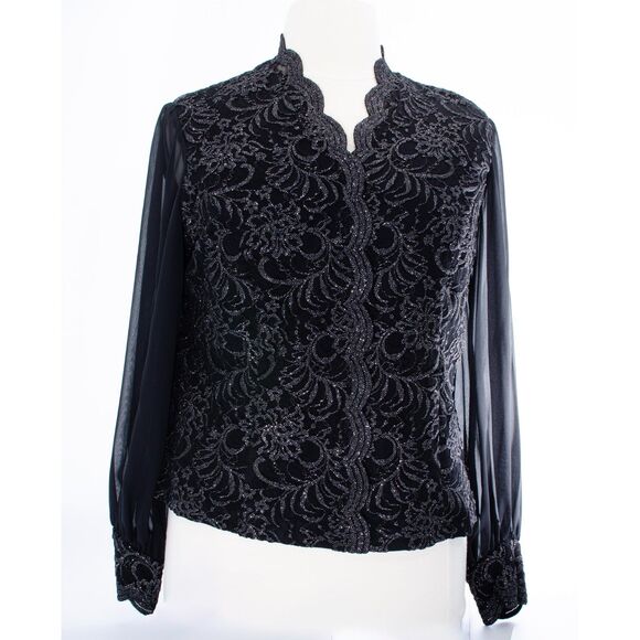Alex Evenings Black Blouse with lace overlay and sheer sleeves - Picture 1 of 8